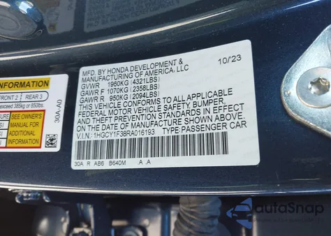 2024 Honda Accord Ex z USA, uszkodzony, nr VIN 1HGCY1F38RA016193